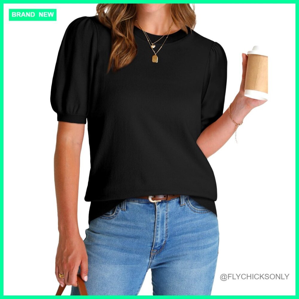 Puff Sleeve Short Sleeve Sweater, Lightweight Knit, Business Casual Top